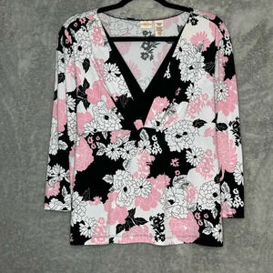 Covington XL Shirt Top Pink White Floral Flower 3/4 Sleeve V Neck Stretch Womens